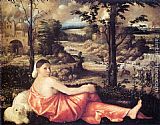 Reclining Woman in a Landscape by Giovanni Cariani